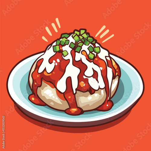 Deliciously Decorated Steamed Bun with Drizzled Sauce and Green Garnish