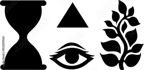 Mysterious symbols with hourglass, eye in triangle, and vine swirl design elements
