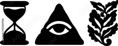 Symbolic set featuring hourglass, eye in triangle, and vine swirl for design concepts