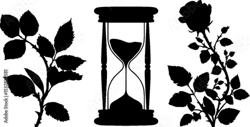 Vintage hourglass, gothic roses, and bat silhouette for halloween and gothic designs