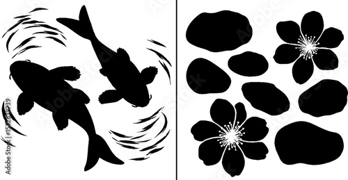 Koi fish pair with water ripples and sakura flowers design for art and decor