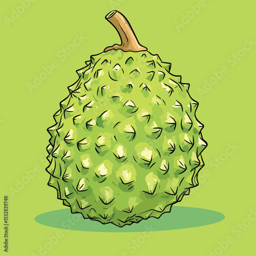 Detailed Cartoon Illustration of a Spiky Durian Fruit with Stem and Shadow