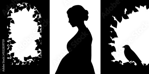 Elegant silhouette of woman by castle window with ivy and bird