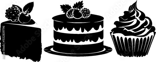 Delicious desserts collection: layer cake, berry cluster, and swirl cupcake design