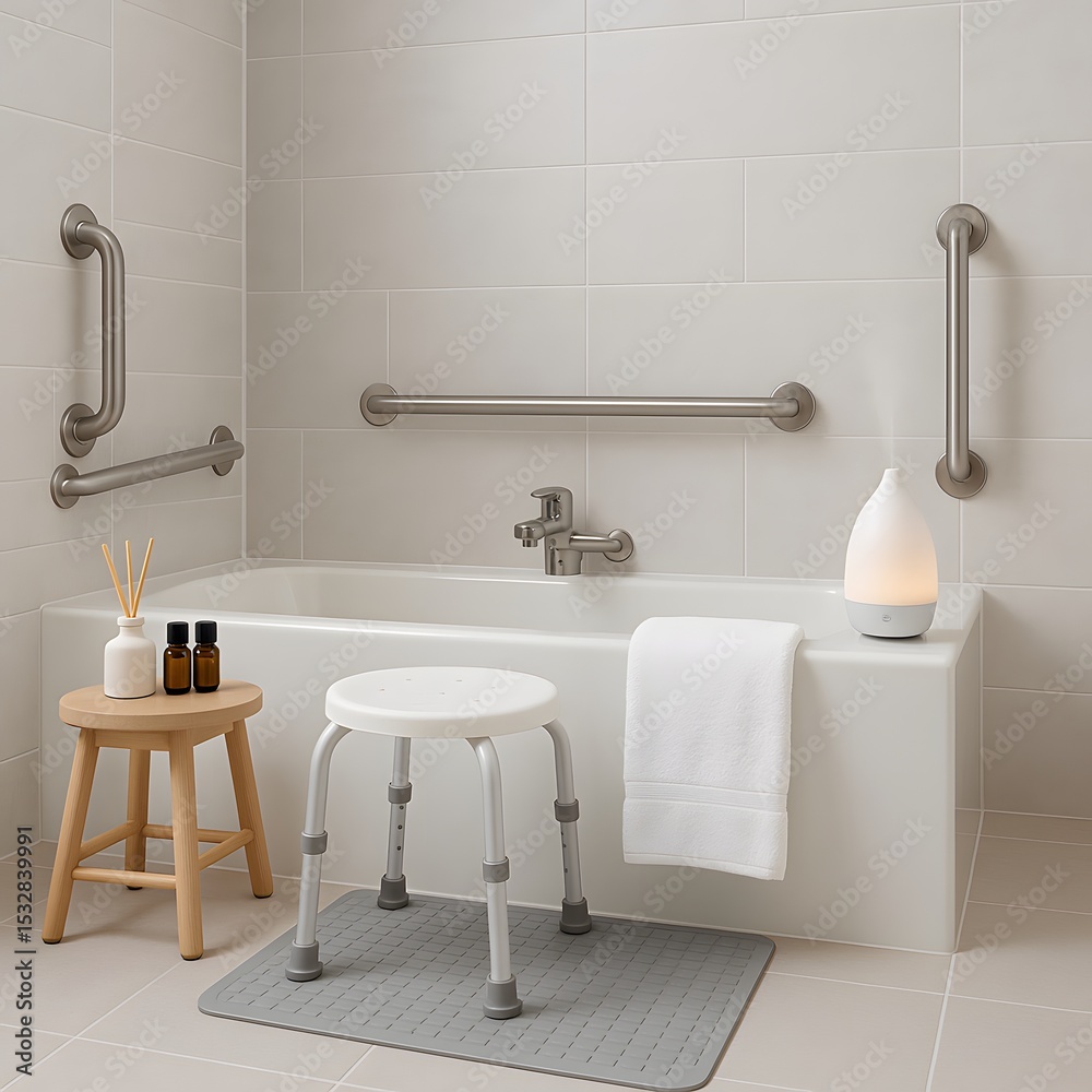Fototapeta premium Accessible Modern Bathroom with Grab Bars Bath Stool and Wellness Items for Elderly or Disabled Care