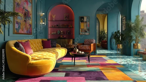 Elegant living room with colorful rug, stylish furniture and artistic interior design