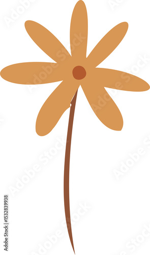 Flat vector flower is showing eight golden-orange petals on slim brown stem, transparent background