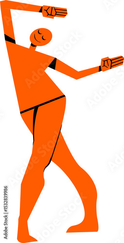 Stylized abstract human dancer is striking dynamic pose in flat design, with transparent background
