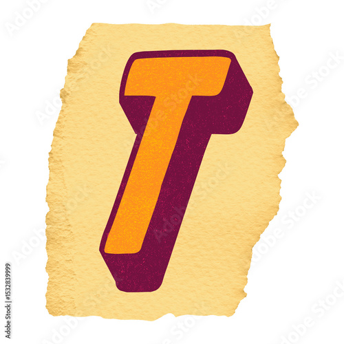 Stylized 3D block letter T is featuring retro shading on torn beige paper, transparent background