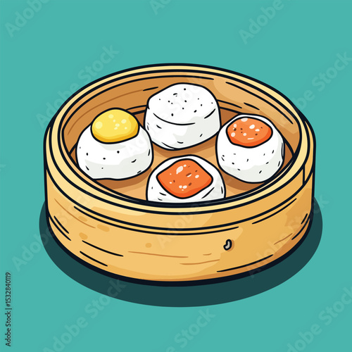 Four Assorted Steamed Buns in Bamboo Steamer