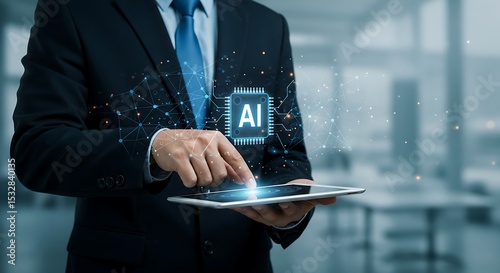 A businessman taps on a tablet displaying AI technology, illustrating the transformative power of artificial intelligence in modern business environments.