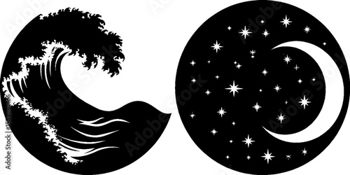 Set of leviathan ornament with wave swirl and celestial night scene for design