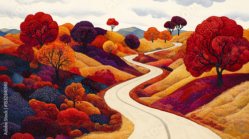 Winding road through colorful autumn landscape with trees and hills under a cloudy sky view painting