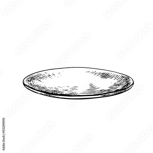 The saucer. Vector graphics depicting an empty ceramic plate. A black-and-white hand-drawn illustration. An element of kitchen design, recipe, menu. For posters, labels and packages.