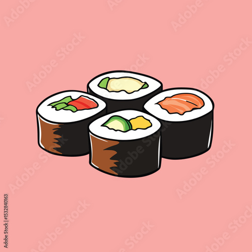 Four Colorful Sushi Rolls with Diverse Fillings and Artistic Outlines