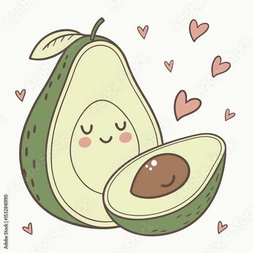 Cute cartoon avocado with a smiling face and heart-shaped elements, showcasing a sliced avocado and seed, on a light background