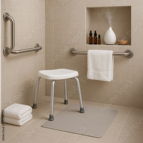 Accessible Modern Bathroom with Grab Bars Shower Stool and Spa Essentials for Elderly or Disabled Care