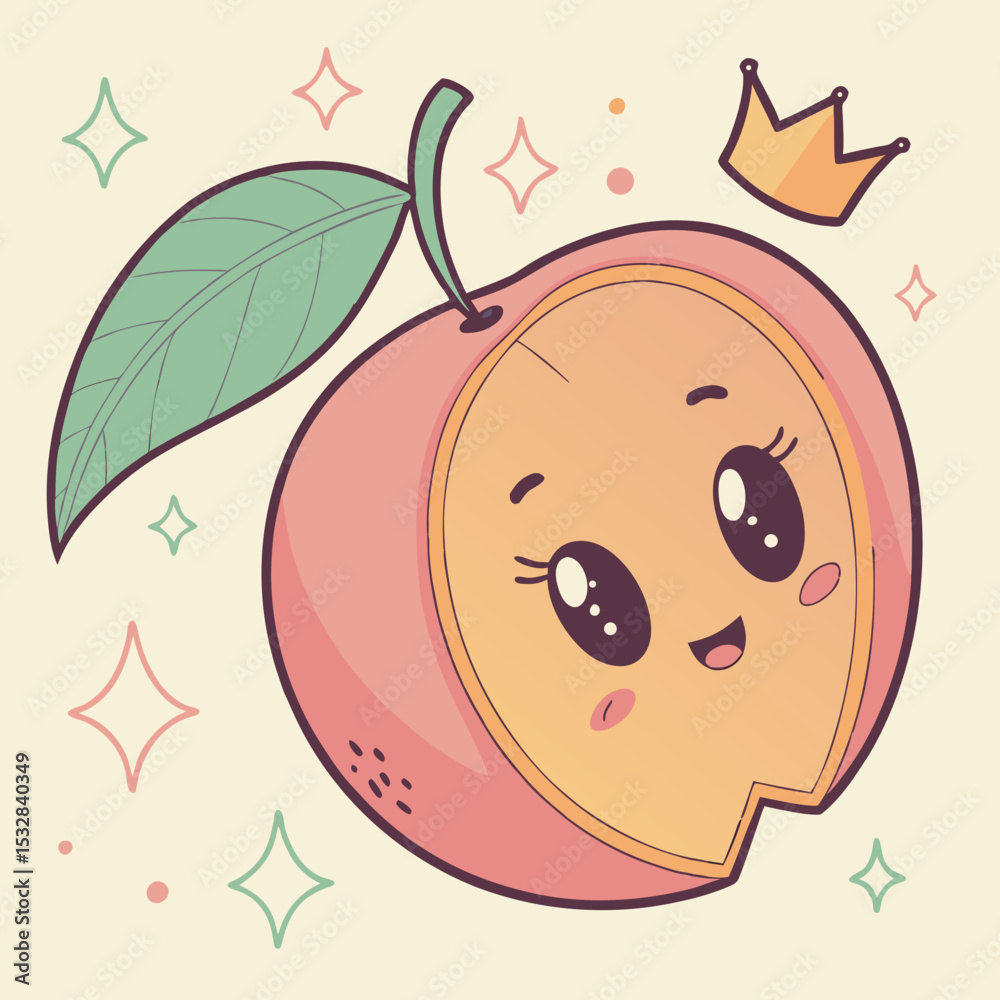Obraz premium Cute cartoon peach with a smiling face, wearing a crown and surrounded by sparkling stars, on a light background