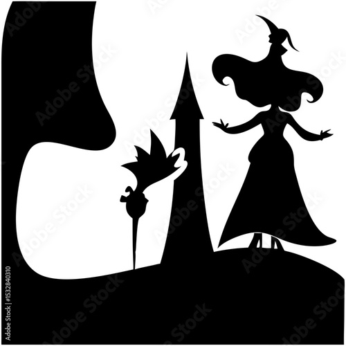Silhouette of a Witch: A dark, captivating silhouette of a witch casting a spell under a full moon, conjuring an aura of mystery and magic.