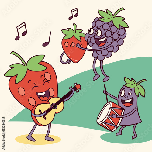 Cartoon happy fruit characters playing music together on a light background