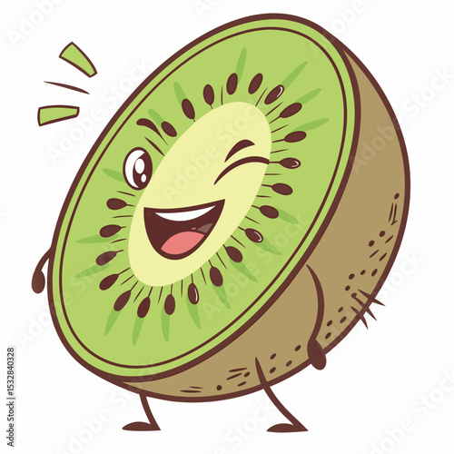 Cute cartoon kiwi fruit with a smiling face, winking and standing, isolated on a white background
