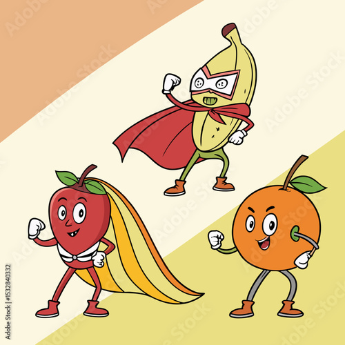 Cartoon superhero fruits: apple, banana, and orange in heroic poses on a pastel background