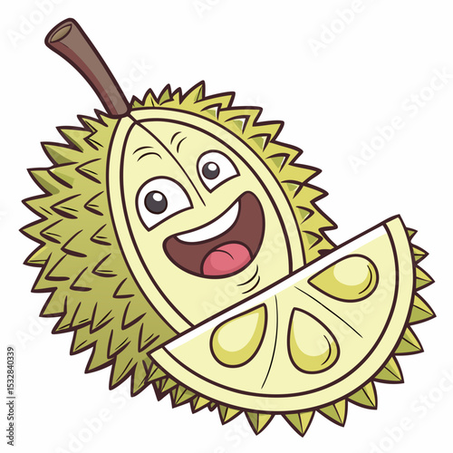 Cartoon smiling durian with a slice and happy face on a white background