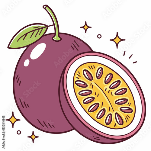 Cartoon illustration of a purple fruit with a slice revealing seeds on a white background