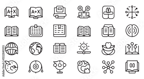 A collection of twenty four black and white vector line art icons depicting various educational and global concepts including open books textbooks globes a calendar a brain a network and more