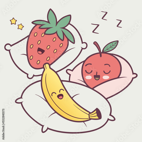Cartoon happy fruits sleeping on pillows with cheerful expressions on a light background