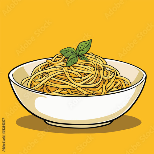 Delicious Pasta Dish with Fresh Basil in a Creamy White Bowl