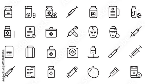 A vector line art icon set depicting various medical supplies and healthcare symbols including syringes pills medicine bottles first aid kits medical records and other related imagery all