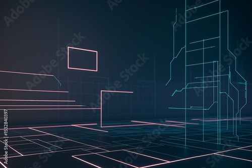 Futuristic abstract neon grid background with glowing pink and blue circuit lines on a dark digital surface, ideal for technology, AI, sci-fi, or virtual reality design and illustration projects