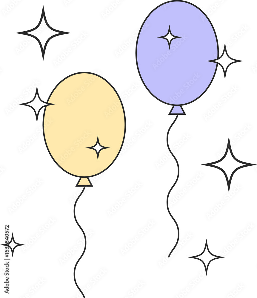 Obraz premium Two balloons are hanging from wavy black strings with stars in flat style on transparent background