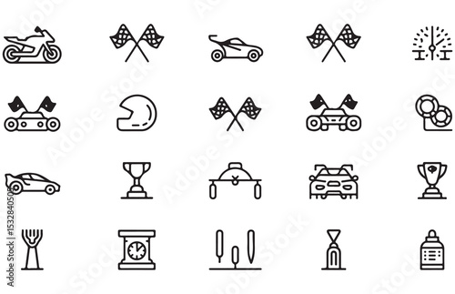 A Vector Line Art Icon Set Featuring Twenty Racing Related Images Including Motorcycles Cars Racing Flags Trophies Helmets and Timing Devices Depicted in Black Outlines Against a White Background