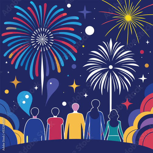 Bright festive fireworks light up the night sky over the city in a joyful New Year celebration design