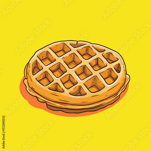 Golden Waffle with Detailed Grid Pattern and Shadow on Yellow Background
