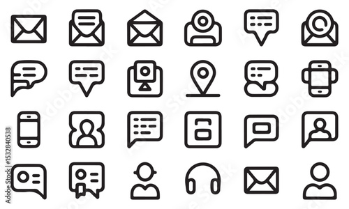 Black and White Vector Line Art Icon Set Communication and Technology Symbols Collection Email Message Chat Smartphone Location Profile User Headphone Multimedia Messaging App Interface Elements
