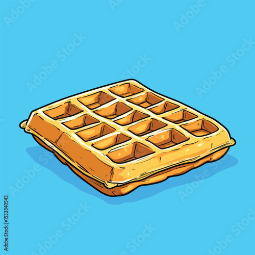 Golden Waffle with Detailed Grid Pattern and Shadow on Blue Background