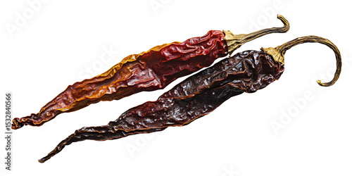 Two dried chili peppers, ancho and pasilla, on a black background Concept of spicy cuisine, traditional mexican food, and culinary ingredients