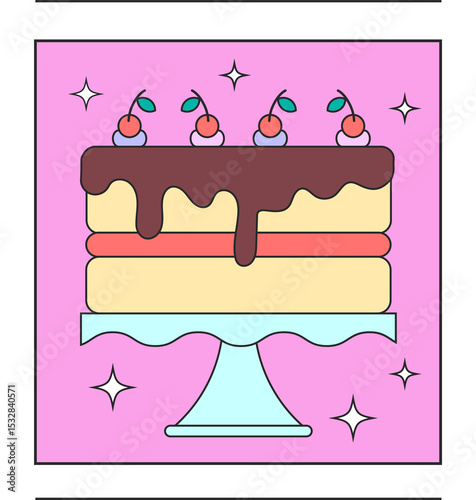 Tiered cake is resting in flat design with chocolate drip, cherries and stars, clear background
