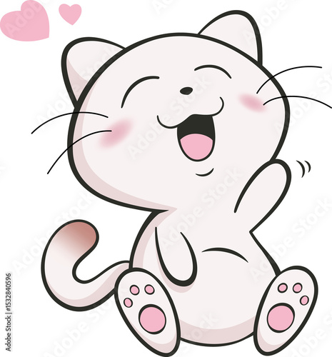 Fototapeta Naklejka Na Ścianę i Meble -  White cartoon cat is waving paw in flat design with floating pink hearts, transparent background