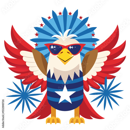 American patriotic eagle. Cute cartoon eagle with waving wing and flag vector illustration