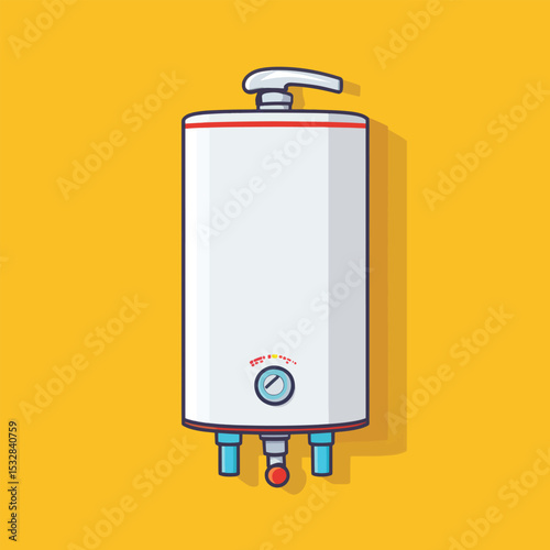 Illustrated Water Heater with Detailed Controls and Plumbing Fixtures