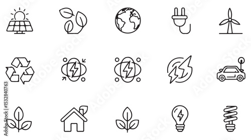 Black and white vector line art icon set depicting renewable energy sources and eco friendly concepts including solar panels leaves a globe a plug a wind turbine a recycling symbol energy