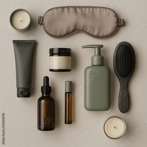 Gender-Neutral Spa Essentials Flat Lay with Skincare Haircare Candles and Eye Mask in Muted Tones