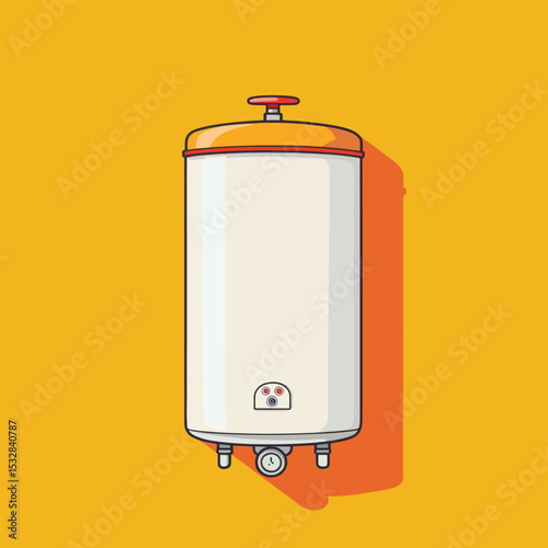 Illustrated Water Heater with Red Top and Shadow on Orange Background