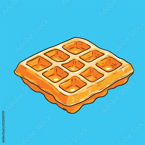 Isometric Illustration of a Golden Delicious Waffle with Detailed Grid Pattern