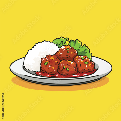 Illustration of sweet and sour meatballs with rice and lettuce on a plate