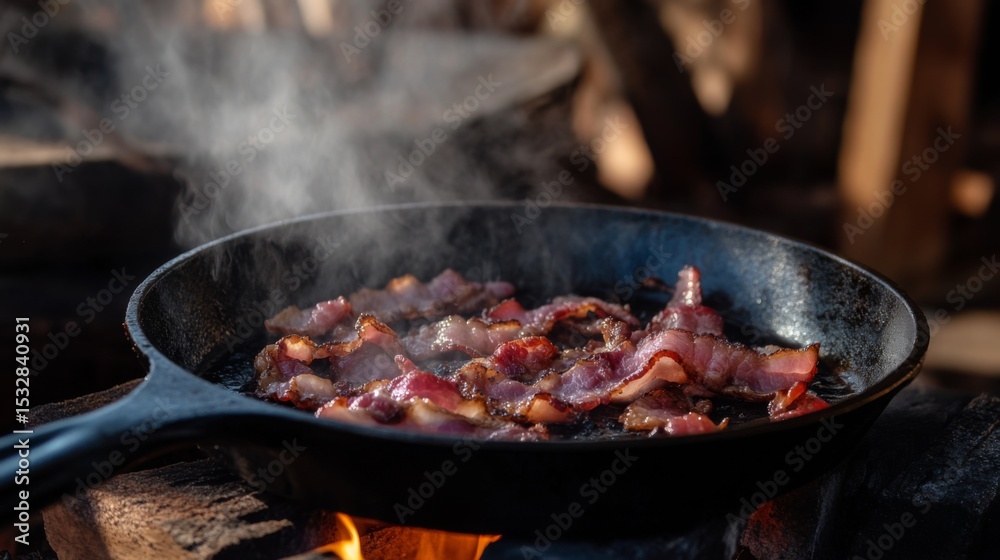 A warm and inviting image of bacon cooking in a cast-iron skillet, with golden-brown edges and the mouthwatering aroma wafting through the air A warm and inviting image of bacon cooking in a cast-iron skillet, with golden-brown edges and the mouthwatering aroma wafting through the air
